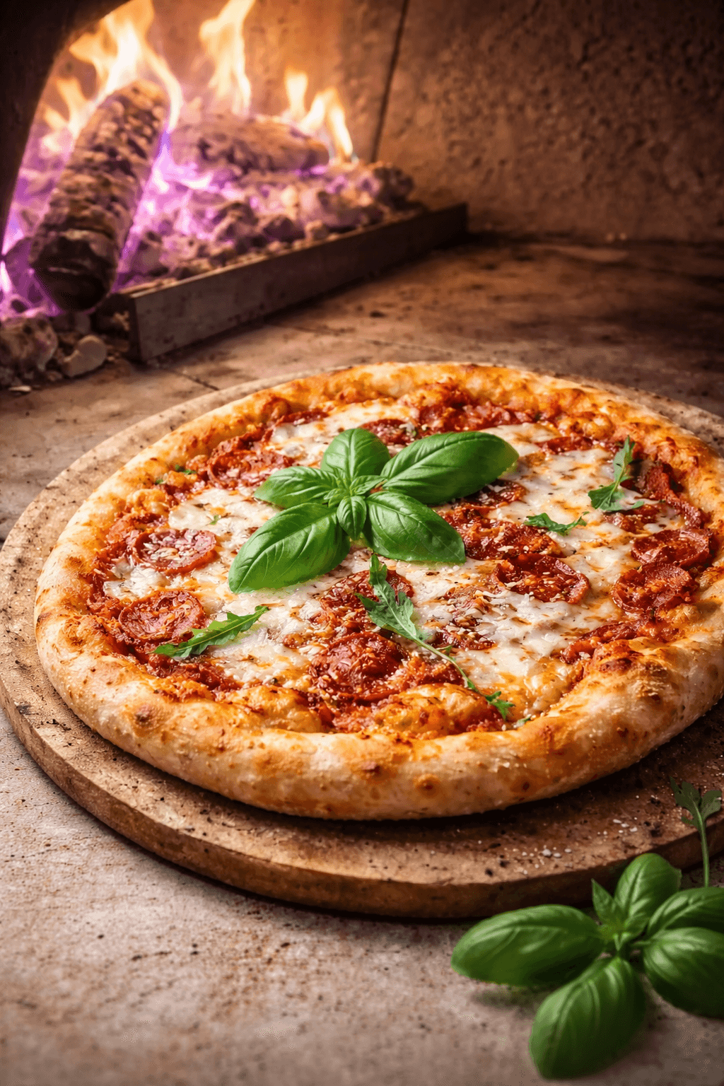 Holzofenpizza auf Holzbrett.